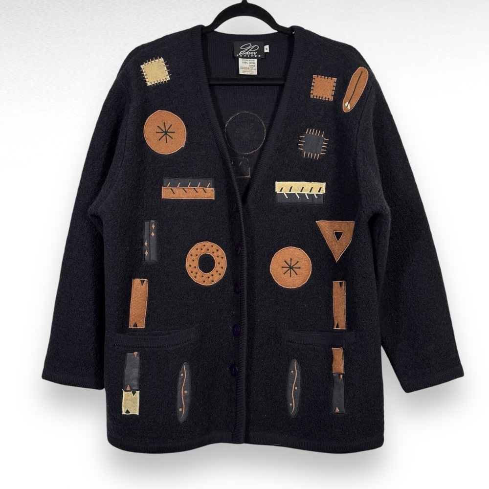 Black Cardigan with Brown Geometric Patches